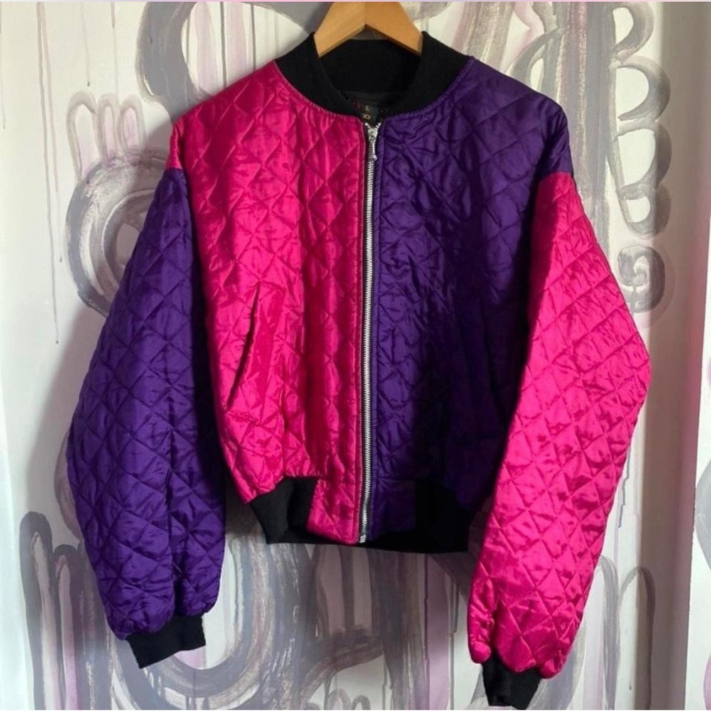 Vintage 90s Color Block quilted Bomber jacket Womens M🩷